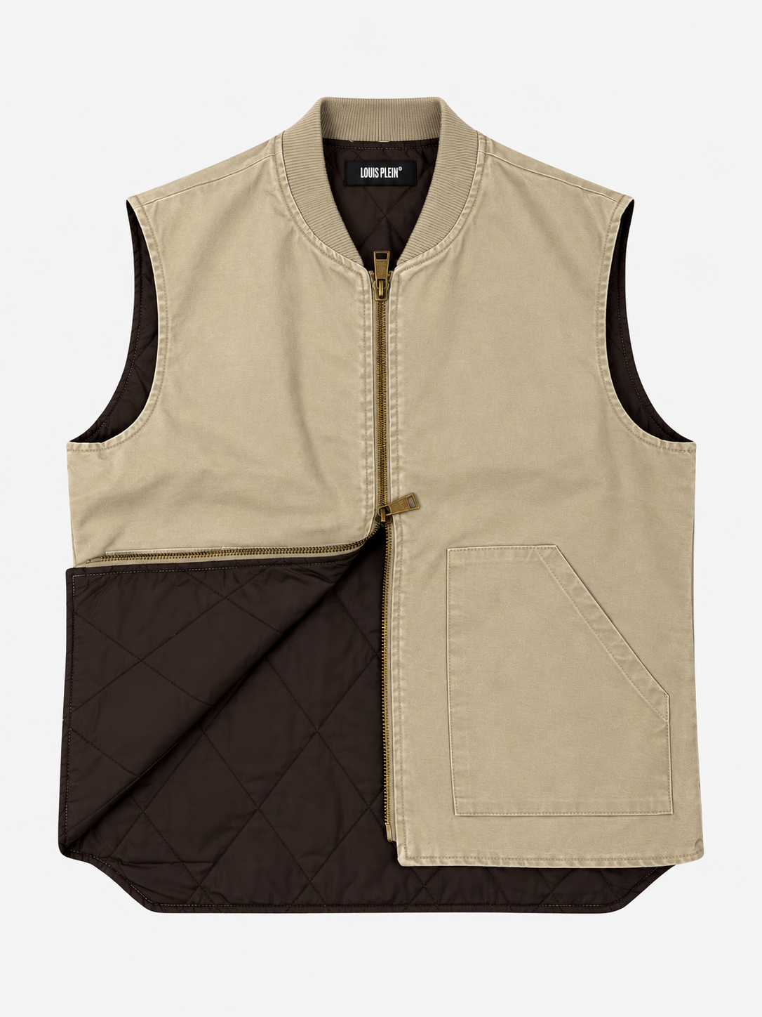 SMANICATO JEANS beige in cotone, con fodera trapuntata marrone, chiusura a zip e tasca applicata sul davanti.
