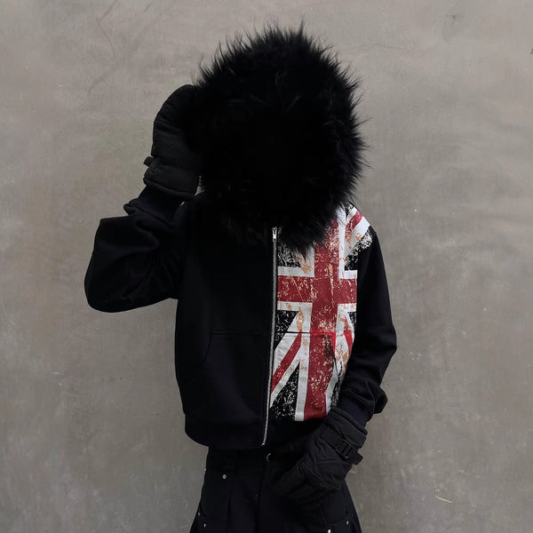 Fur Collar Printed Zipper Sweater Long Sleeve Pullover Hoodie Vintage Coat