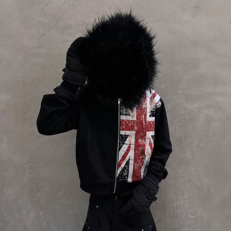 Fur Collar Printed Zipper Sweater Long Sleeve Pullover Hoodie Vintage Coat