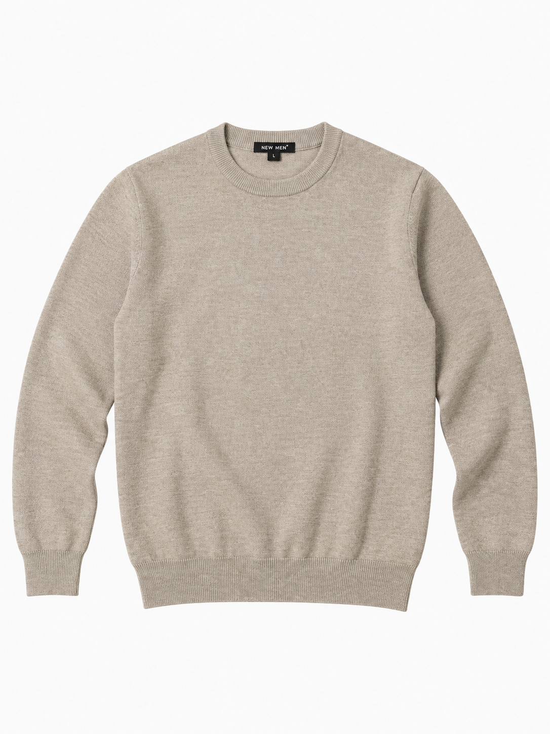 Maglia giro collo color beige tortora, in maglia liscia con maniche lunghe, bordi a coste e design essenziale senza stampe