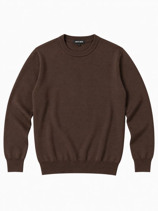 Maglia marrone in maglia giro collo, a maniche lunghe, con scollo rotondo e bordi a costine