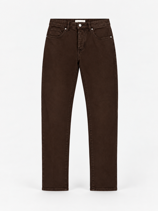 Jeans regular fit marroni in denim, con gamba dritta, chiusura a bottone e tasche anteriori con rivetti metallici.