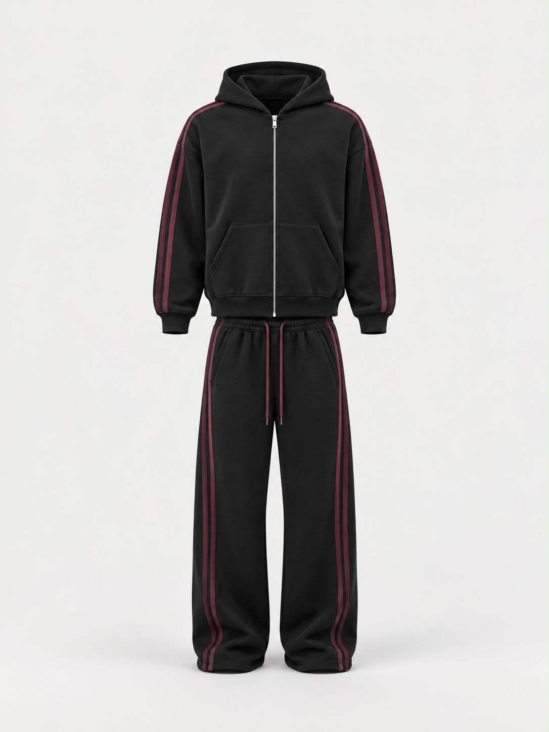Tuta Felpata con bande nera, composta da felpa con cappuccio e pantaloni, con zip e bande laterali bordeaux.
