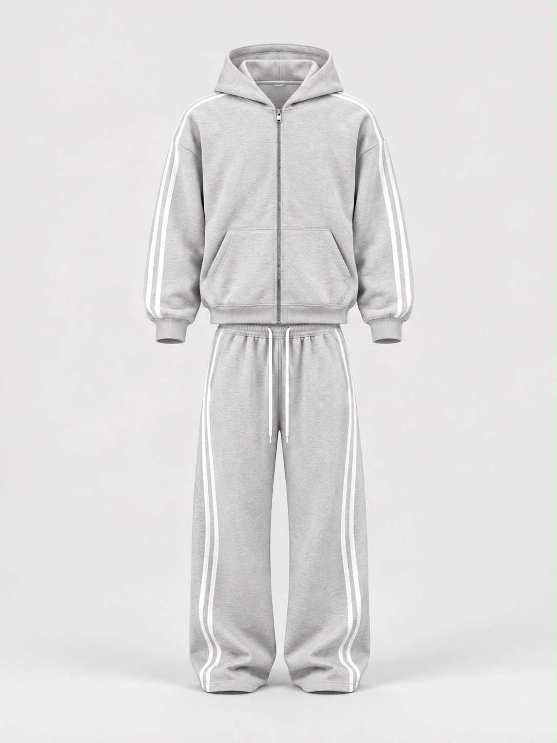Tuta Felpata con bande grigio chiaro, in morbido tessuto felpato, con felpa zip e cappuccio e pantaloni con righe laterali bianche.