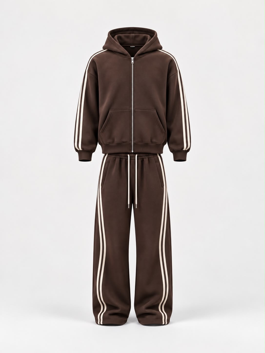 Tuta Felpata con bande laterali marrone scuro, in tessuto morbido, con felpa con cappuccio e pantaloni coordinati a righe bianche.